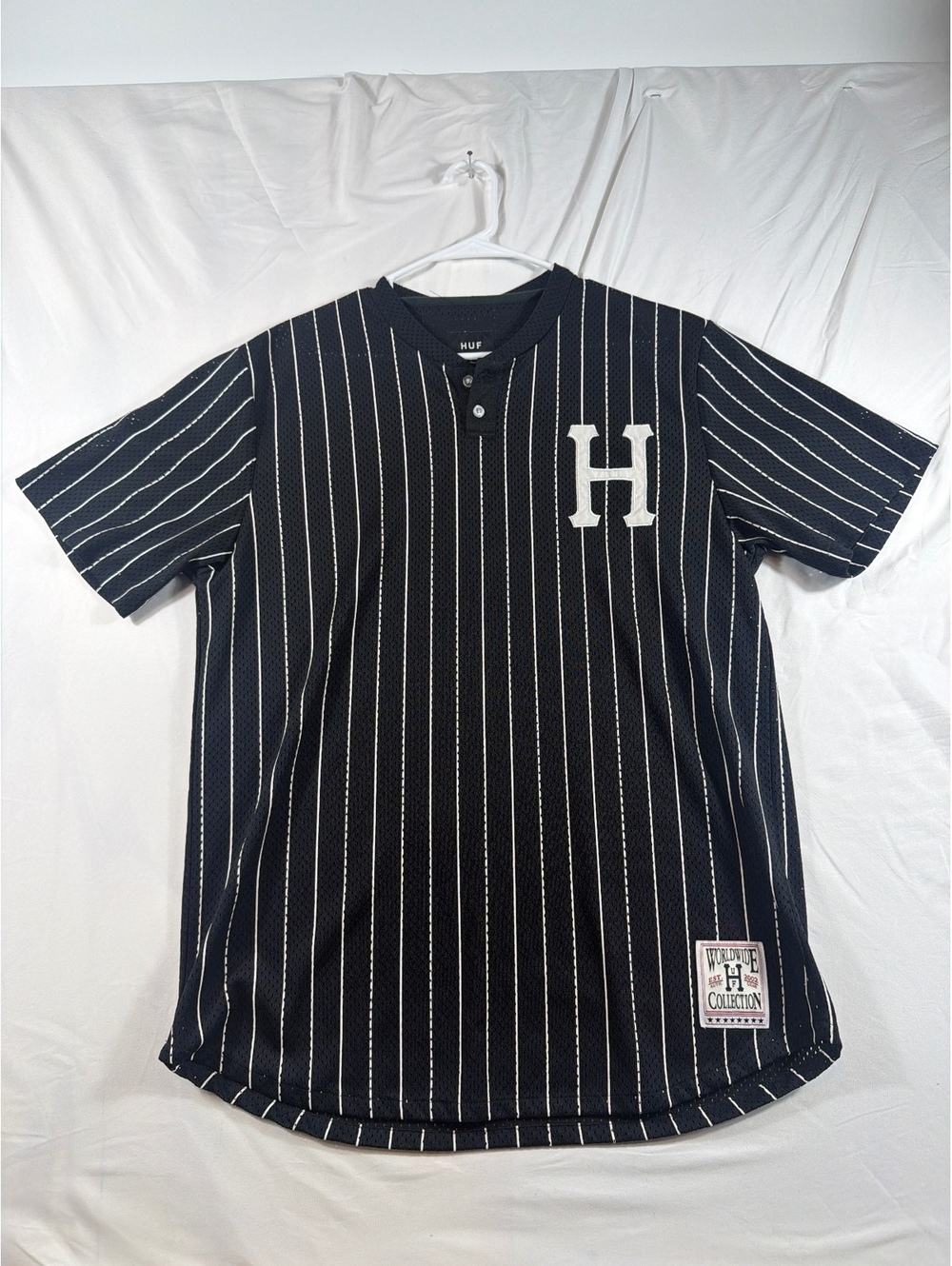 HUF Worldwide Collection Black Pinstripe Mesh Baseball Jersey Shirt Large